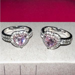 Pink and Diamond Rhinestone Heart Ring Size 7 Stackable silver set of 2